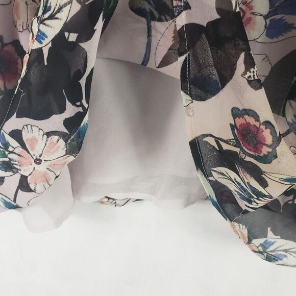 Guess Blouse Womens XL Pink Floral Sheer Mesh Ruffle Overlay Keyhole Lace Top - Picture 5 of 13